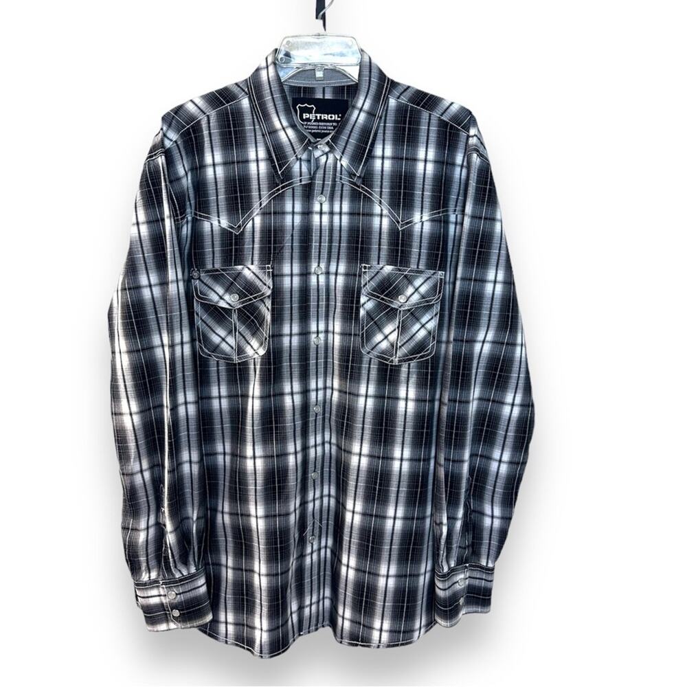 Men’s black and white petrol brand western pearl snap button down shirt size Lg